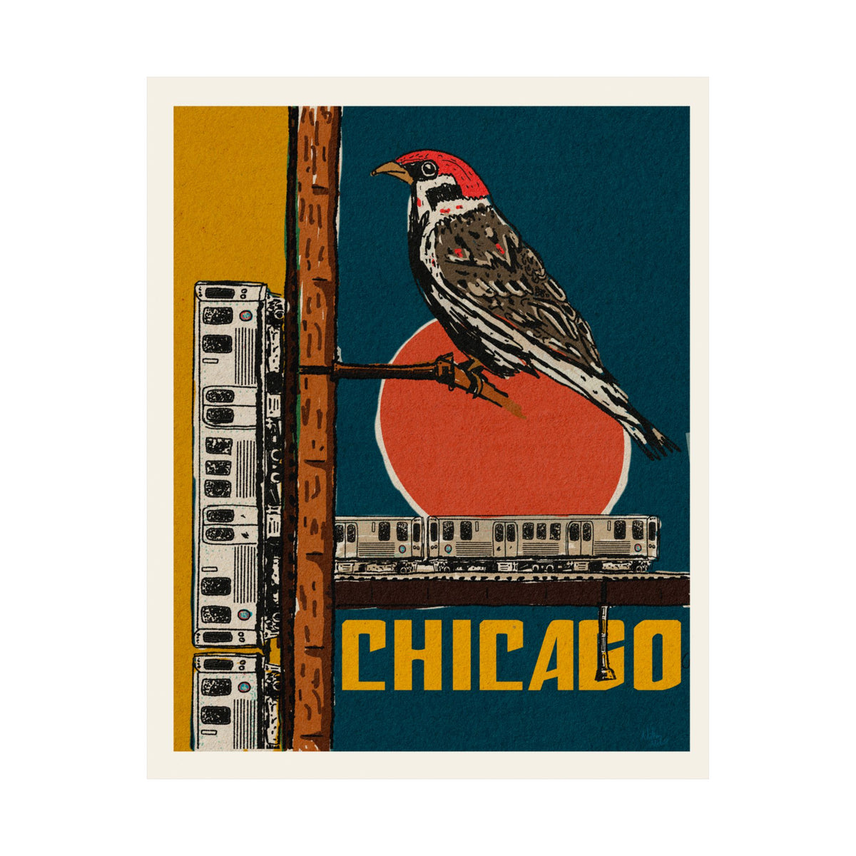 Vintage style Chicago Bird Club CTA poster with L train lines
