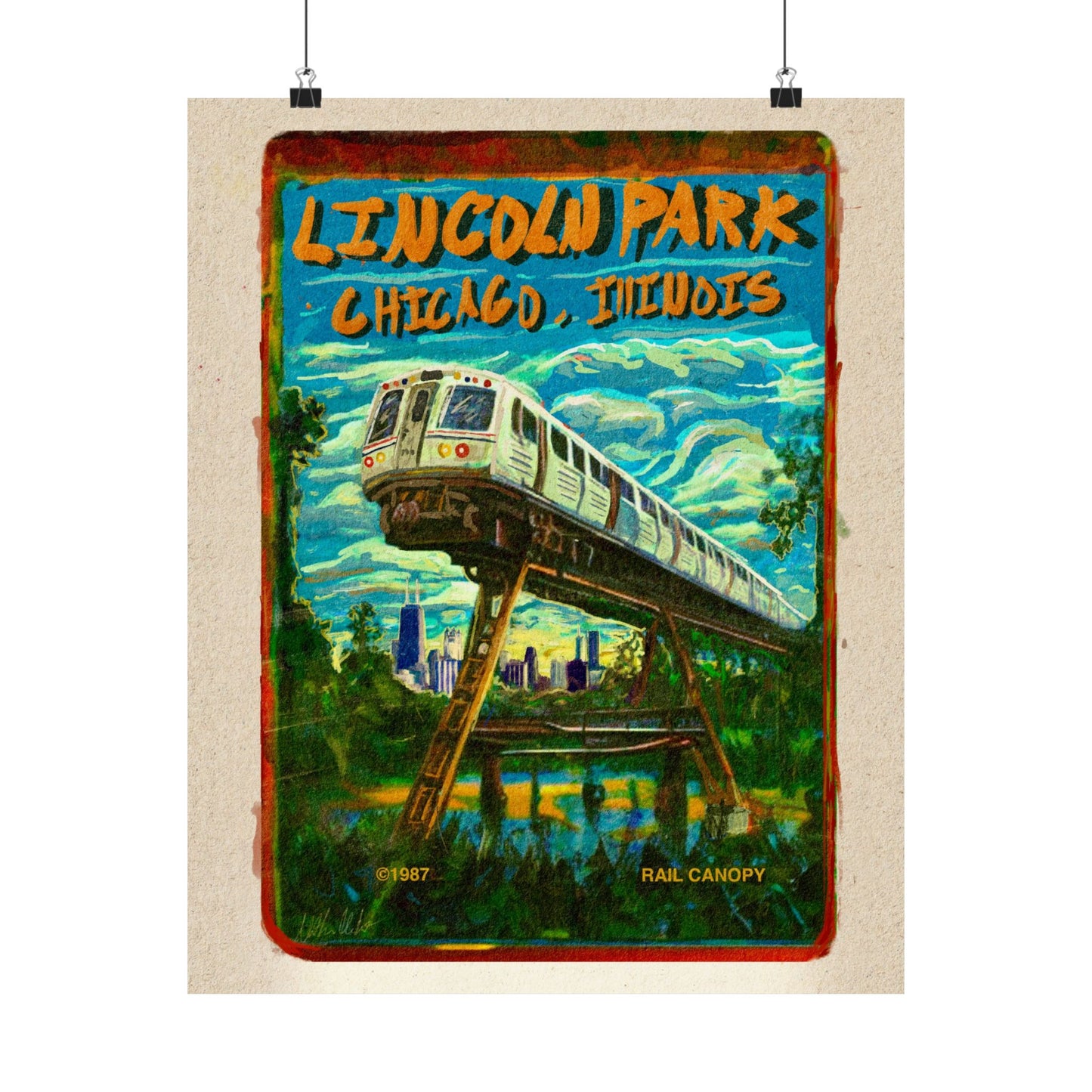 Vertical Poster, Retro Cover Art Print of Chicago's Lincoln Park CTA Train Skyline Scene, Matte Wall Art, Wall Decor, Home Decor,