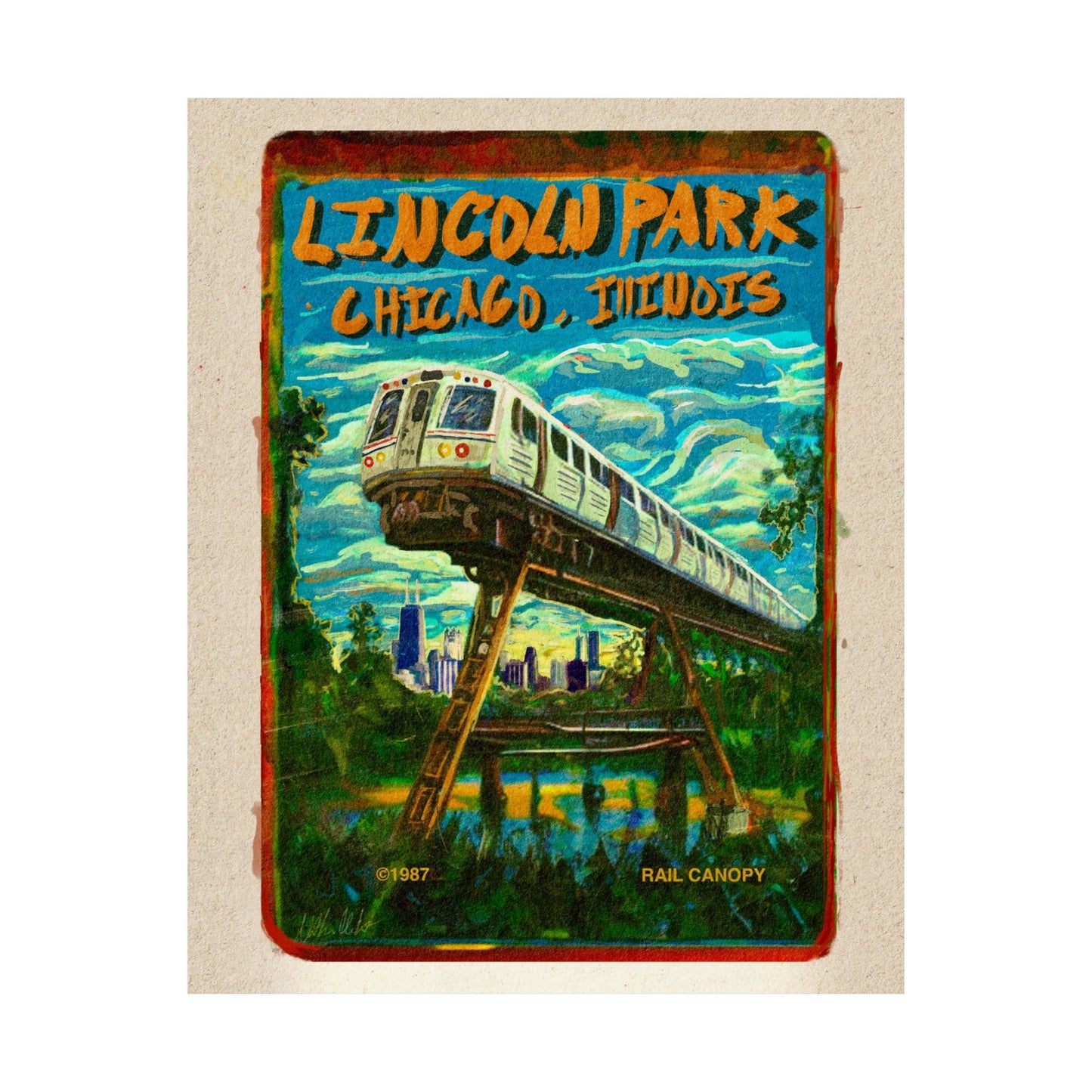 Vertical Poster, Retro Cover Art Print of Chicago's Lincoln Park CTA Train Skyline Scene, Matte Wall Art, Wall Decor, Home Decor,
