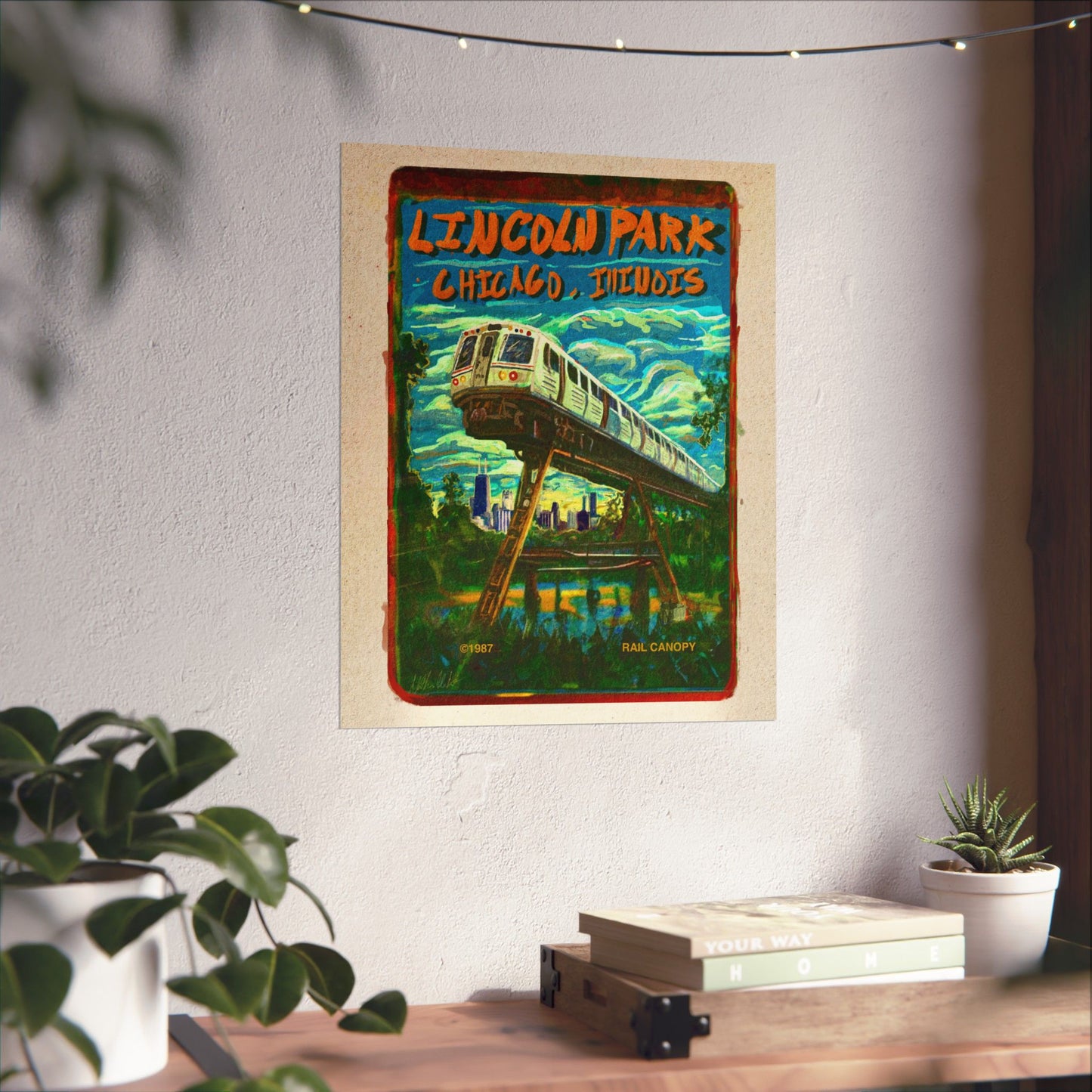 Vertical Poster, Retro Cover Art Print of Chicago's Lincoln Park CTA Train Skyline Scene, Matte Wall Art, Wall Decor, Home Decor,