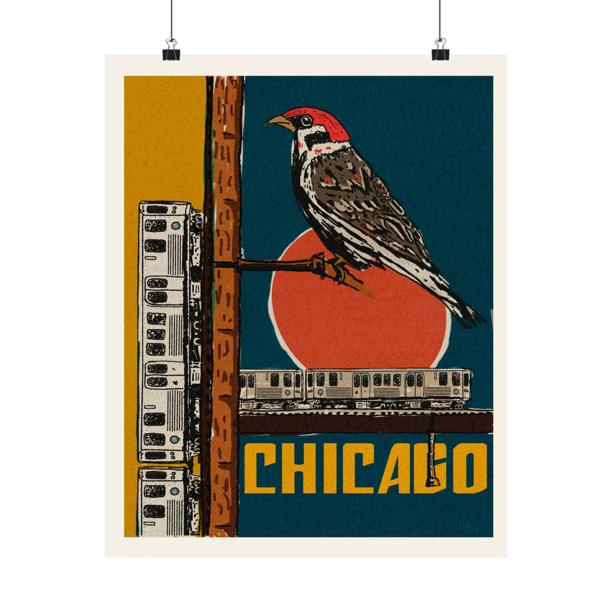 Vintage style Chicago Bird Club CTA poster with L train lines