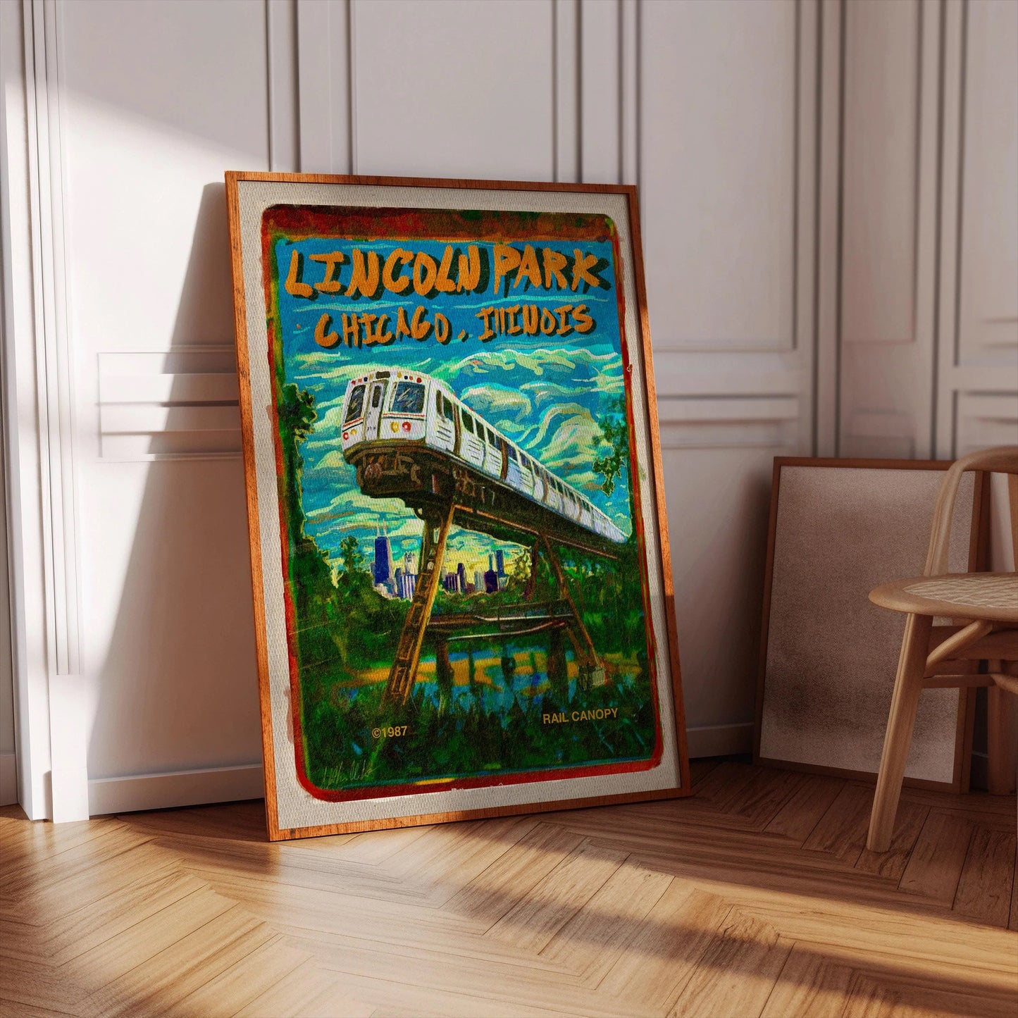 Vertical Poster, Retro Cover Art Print of Chicago's Lincoln Park CTA Train Skyline Scene, Matte Wall Art, Wall Decor, Home Decor,
