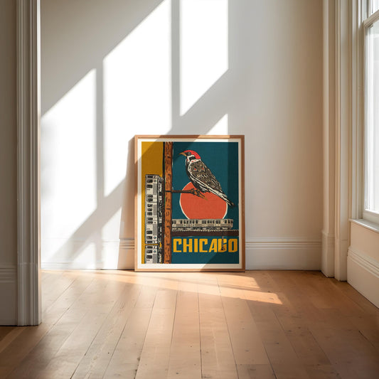 Vintage Chicago Bird Matte Vertical Poster, Art Print, CTA Train Lines Wall Art, Chicago Artwork, Retro City Decor