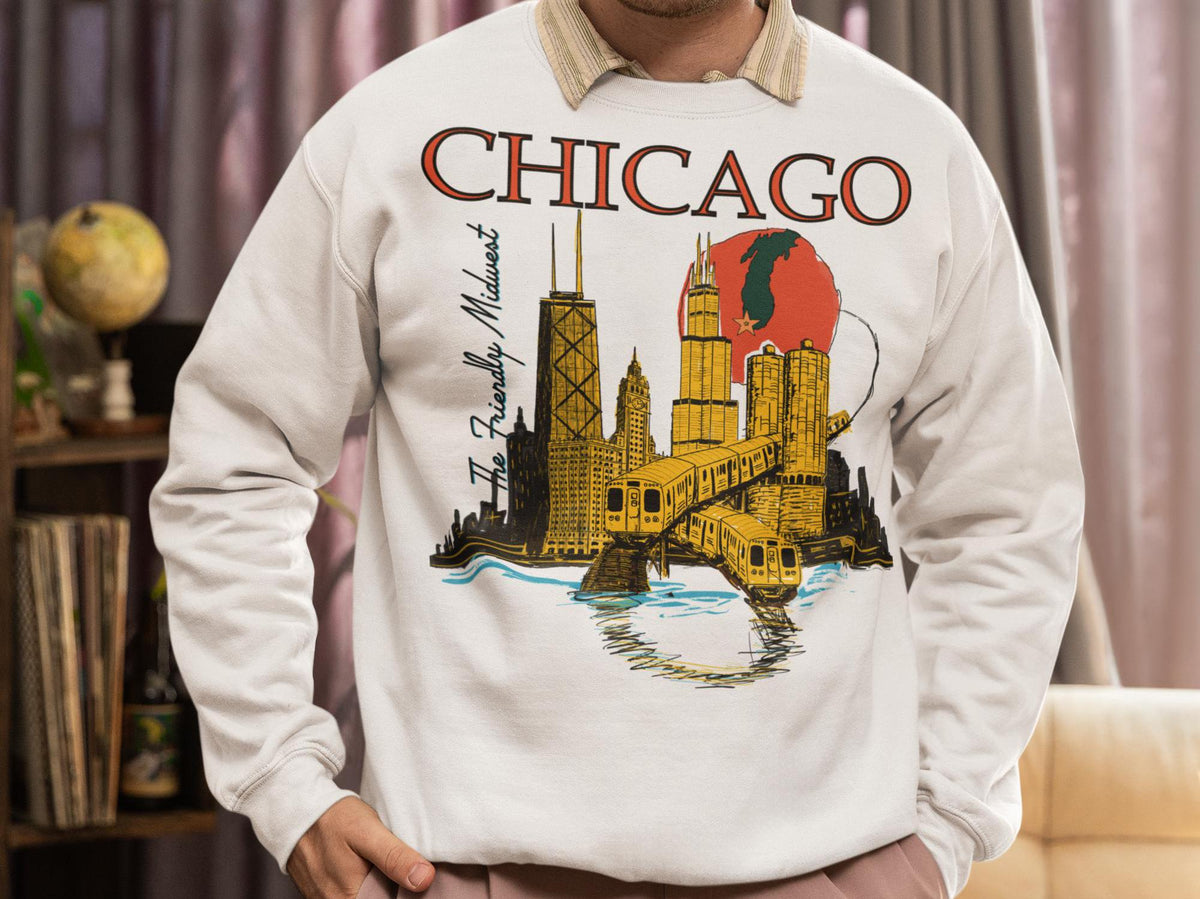 Vintage Chicago crewneck sweatshirt with the El train and buildings